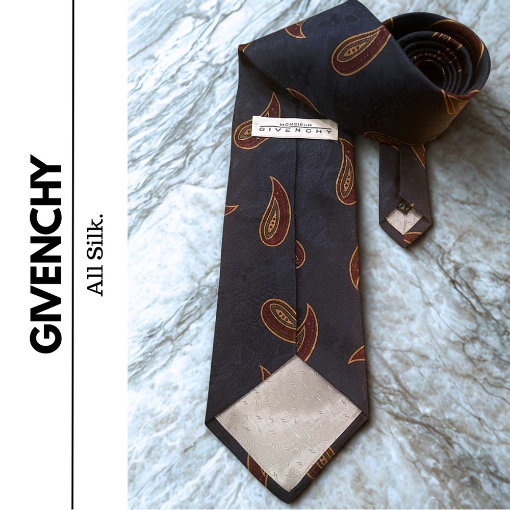 Monsieur Givenchy Vintage Navy and Red Paisley Elegant Silk Tie